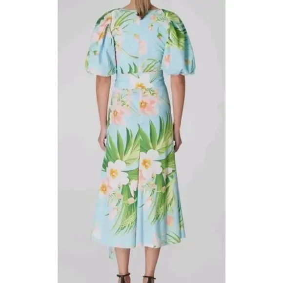 Carolina Herrera Blue Floral-Print Ruched Poplin Sleeve MIDI Dress Size 8 (V3 - Picture 2 of 9